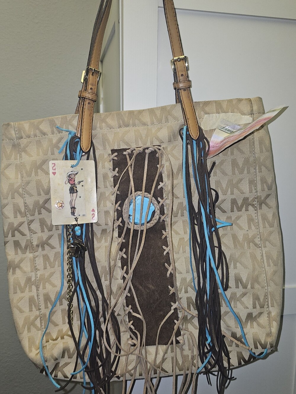 Upcycled Michael Kors Beige Monogram Tote with Turqoise and Brown Fringe